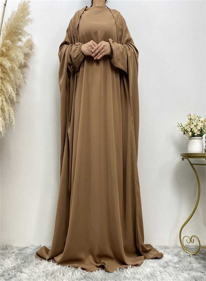 Loquat Simple Loose Solid Color Dress Abaya Brown  - Image 1
