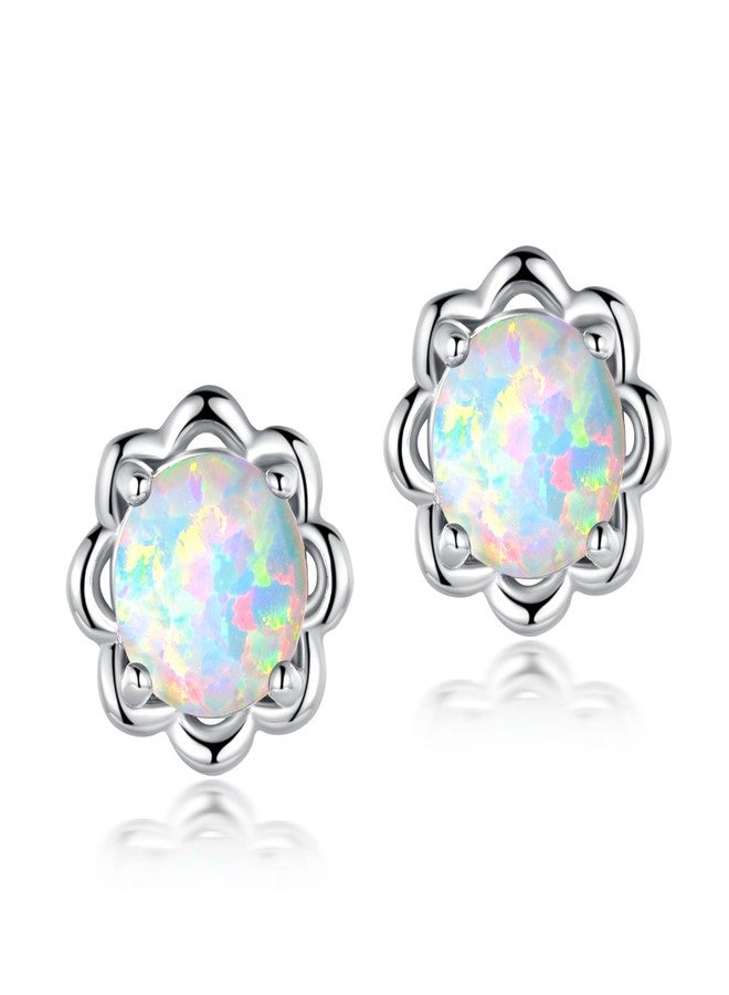 VOLUKA Hypoallergenic Flower Stud Earrings Women White Fire Opal Gemstone Earring White Gold Plated Jewelry Gift Ladies - Image 1