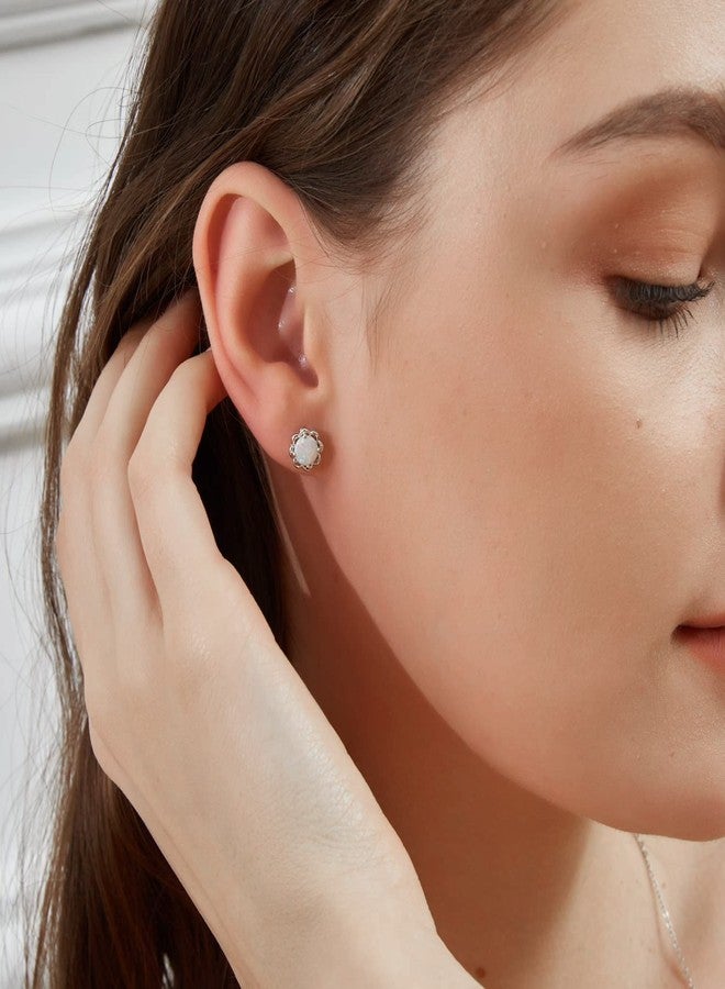 VOLUKA Hypoallergenic Flower Stud Earrings Women White Fire Opal Gemstone Earring White Gold Plated Jewelry Gift Ladies - Image 3