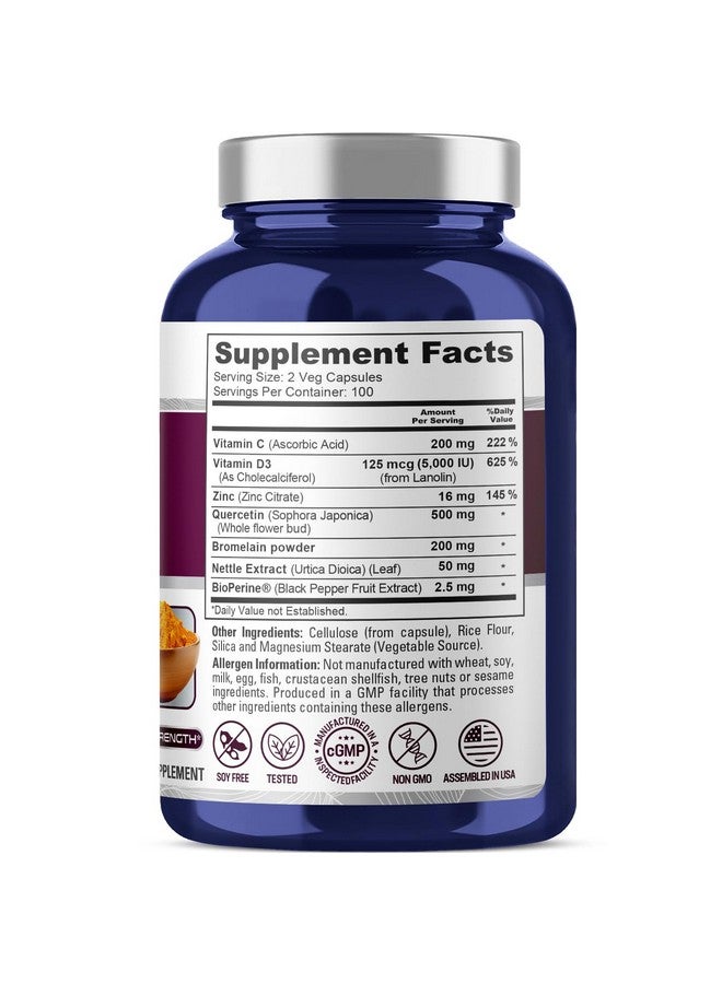 NusaPure Quercetin Complex: Bromelain, Vitamin C, Vitamin D3, Stinging Nettle, Zinc | 200 Veggie Caps (Non-GMO, Bioperine) - Image 2