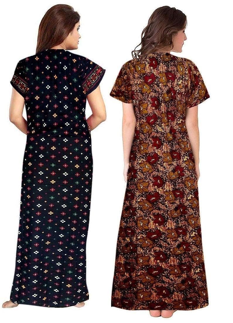 YUKATA Women's Cotton Printed Maxi Nighty (Pack of 2) 1 (Free Size, Dark Blue & Brown) - Image 2