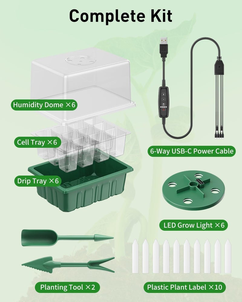 Pawfly 6 Pack Seed Starter Kit, 72 Cells, Seed Starter Trays with Adjustable Grow Lights & 3.9" Humidity Domes, Indoor Seedling Starter Trays, Reusable Plant Germination Trays, Seed Starting Trays - Image 5