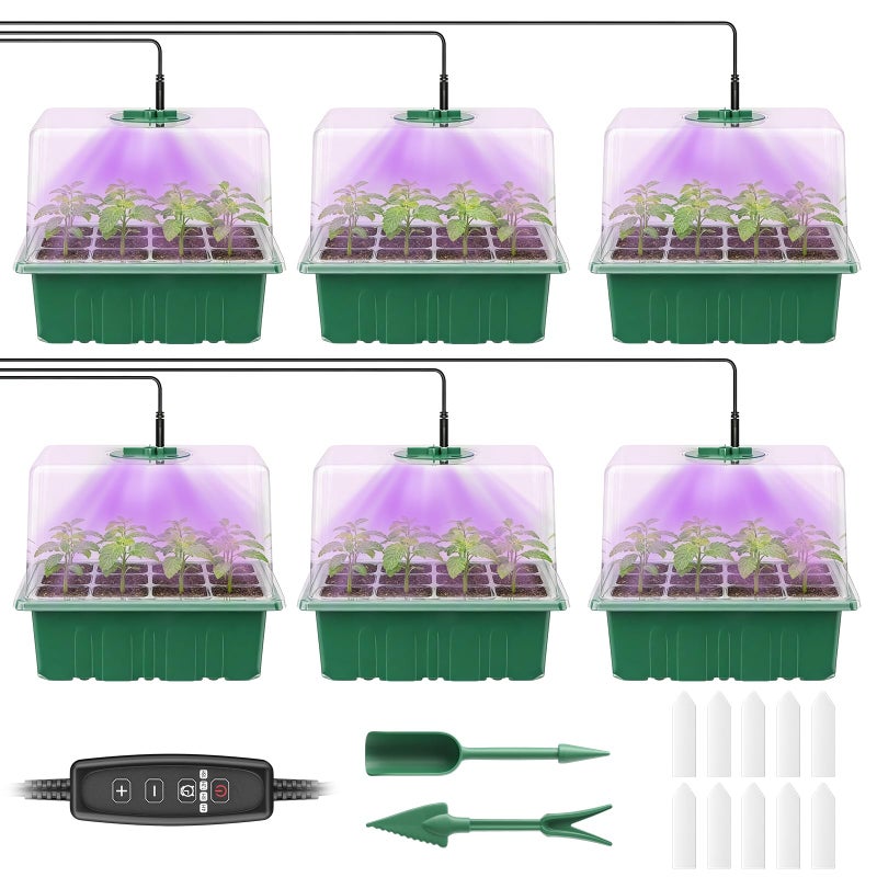 Pawfly 6 Pack Seed Starter Kit, 72 Cells, Seed Starter Trays with Adjustable Grow Lights & 3.9" Humidity Domes, Indoor Seedling Starter Trays, Reusable Plant Germination Trays, Seed Starting Trays - Image 1