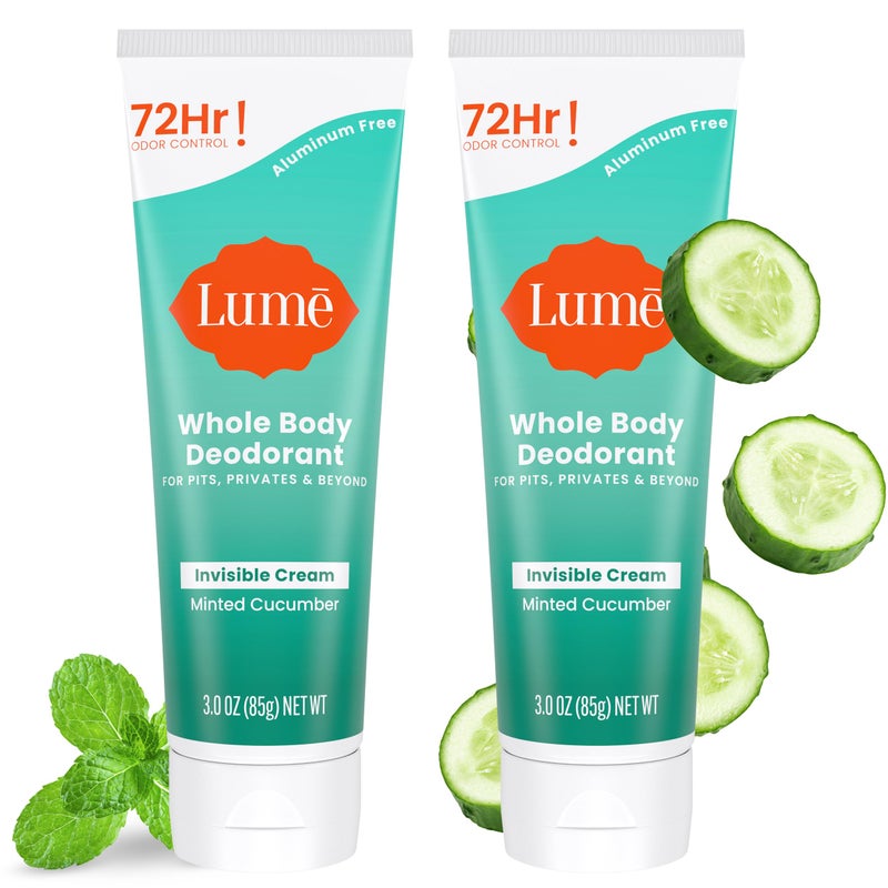 Lume Whole Body Deodorant - Invisible Cream Tube - 72 Hour Odor Control - Aluminum Free, Baking Soda Free, Skin Safe - 3.0 ounce (Pack of 2) (Minted Cucumber) - Image 1