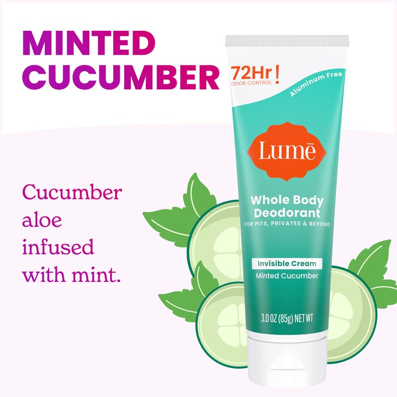 Lume Whole Body Deodorant - Invisible Cream Tube - 72 Hour Odor Control - Aluminum Free, Baking Soda Free, Skin Safe - 3.0 ounce (Pack of 2) (Minted Cucumber) - Image 4