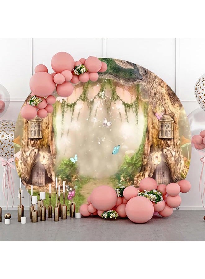 Laeacco 7.5x7.5ft Fairy Tale Enchanted Forest Round Backdrop Magic Tree House Wonderland Circle Backdrop Garden Butterfly Natural Scenery Arch Background for Kids Birthday Portrait Photo Booth Prop - Image 4