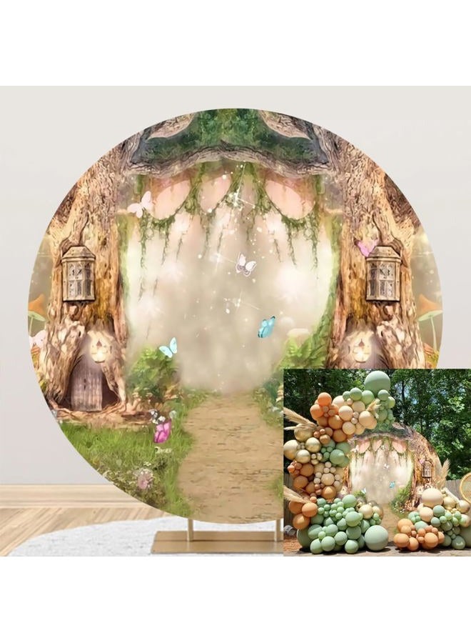 Laeacco 7.5x7.5ft Fairy Tale Enchanted Forest Round Backdrop Magic Tree House Wonderland Circle Backdrop Garden Butterfly Natural Scenery Arch Background for Kids Birthday Portrait Photo Booth Prop - Image 1