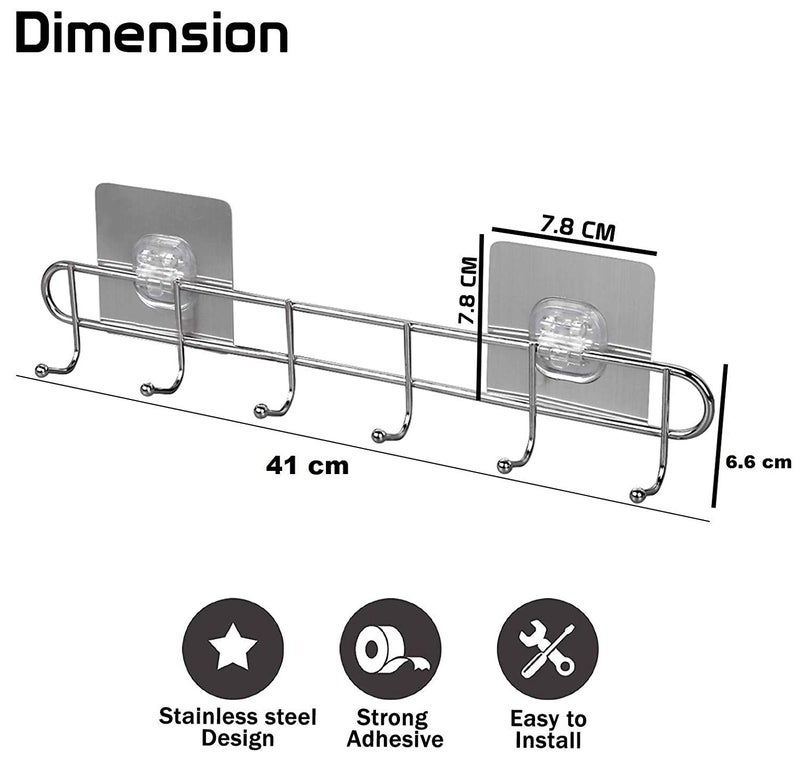 TORMUND Stainless Steel Wall Hook 6 Hooks Cloth Hanger Bathroom Wall Hook Kitchen Hanger Hooks Bathroom Towel Hanger Wall Mounted Utensil Hanging Rack Holder Hook Hanger - Image 3