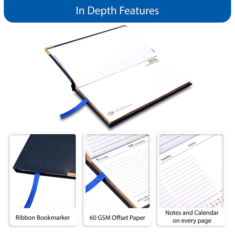 FIS 2026 Golden Slim Diary, Slim Size 170x190mm, 1 Sided Padded Vinyl Cover, Round Corners, Gold Gilded Edges, Landscape Format, English, 60gsm White Paper, Blue Color - FSDI52EG26BL - Image 5