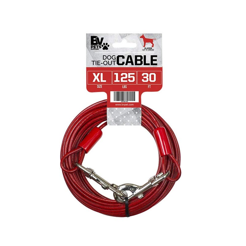 BV Dog Tie Out Cable 30 Feet - Heavy Duty Dog Lead Up to 125 Pounds - Reflective & Rust-Free with Quick Release Swivel Clips & 360Â° Rotating Clasp - Tangle-Free Dogs Runner for Yard (Red, Single) - Image 1