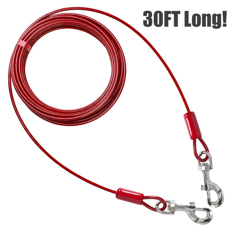 BV Dog Tie Out Cable 30 Feet - Heavy Duty Dog Lead Up to 125 Pounds - Reflective & Rust-Free with Quick Release Swivel Clips & 360Â° Rotating Clasp - Tangle-Free Dogs Runner for Yard (Red, Single) - Image 3