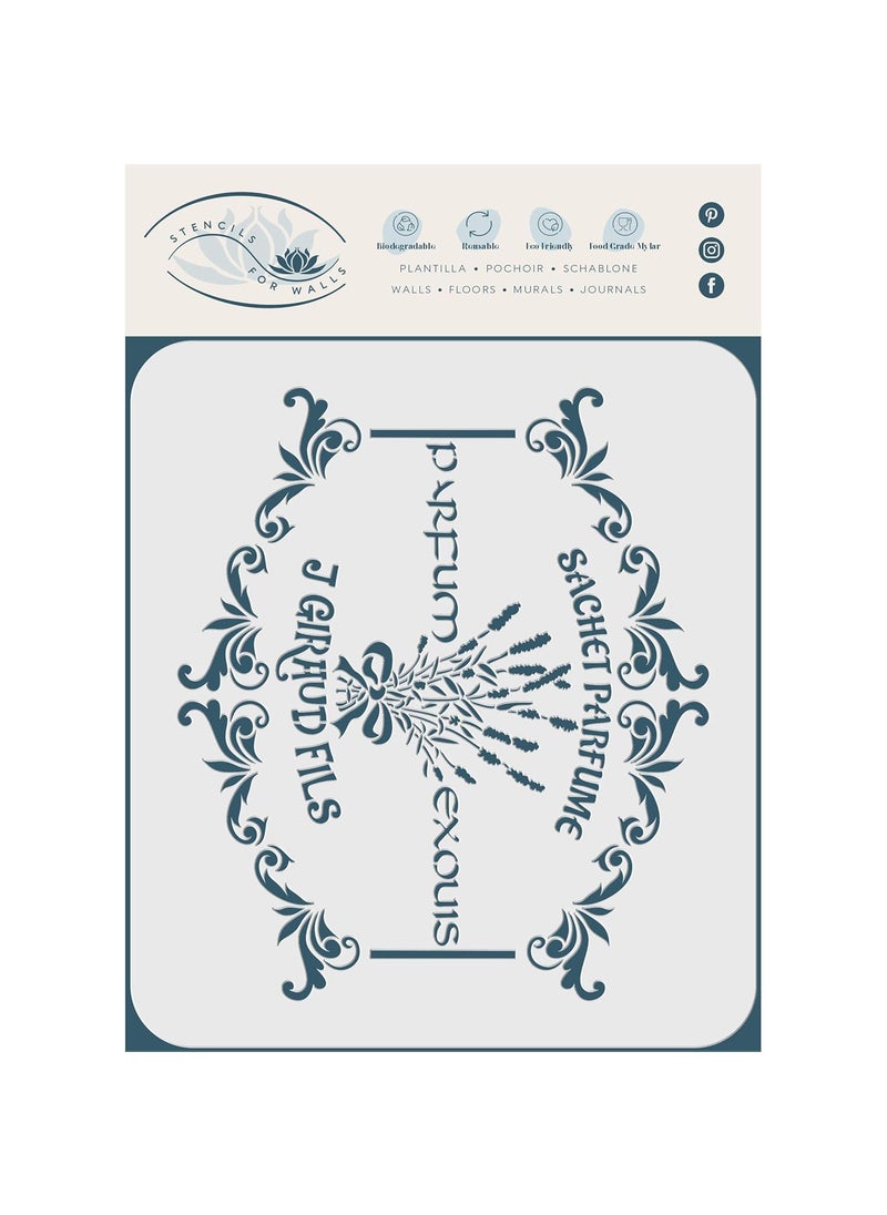 Usnyabni - French Perfume Stencil, 14 x 12 inch (L) - Vintage French Themed Label Ephemera Stencils for Painting Template - Image 1