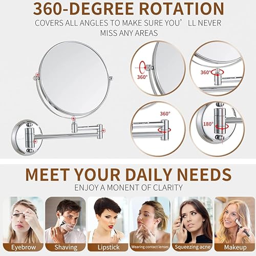 Plantex Premium Brass Magnifying Mirror/Two-Sided 360° Swivel Shaving Mirror with 5x/1x Magnification/Vanity Mirror for Bathroom (8 Inches-Chrome/Wall Mount) - Image 2