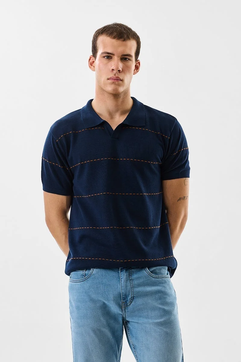 SNITCH Slim Fit 100% Cotton Stripes Polo T-Shirt