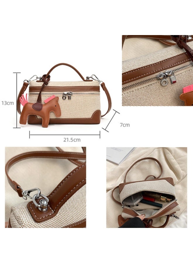 Canvas Top Handle Crossbody Bag with Horse Charm, Brown & Beige, 21.5x13x7 cm - Image 3