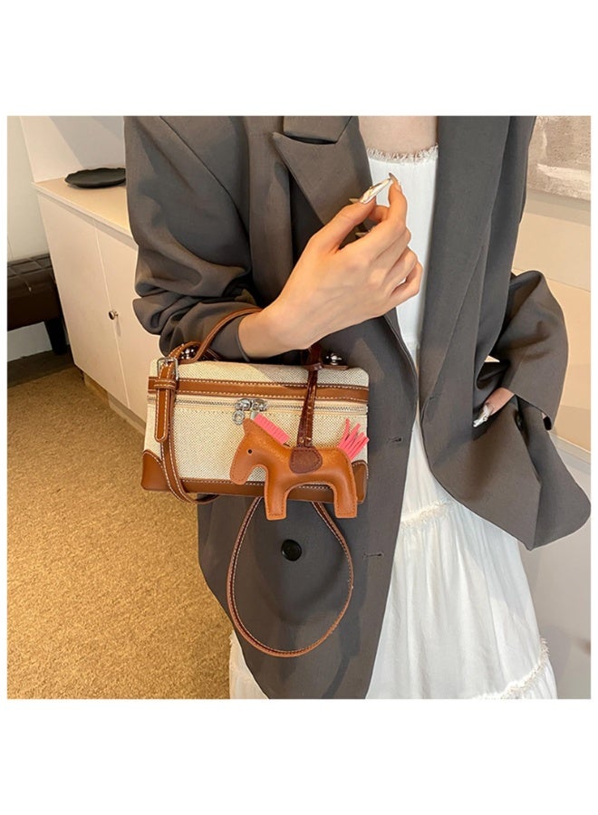 Canvas Top Handle Crossbody Bag with Horse Charm, Brown & Beige, 21.5x13x7 cm - Image 2