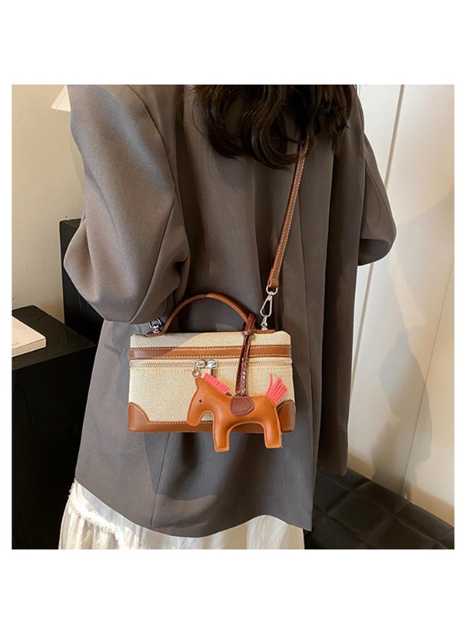 Canvas Top Handle Crossbody Bag with Horse Charm, Brown & Beige, 21.5x13x7 cm - Image 5