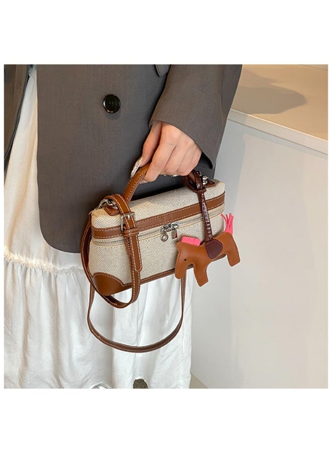 Canvas Top Handle Crossbody Bag with Horse Charm, Brown & Beige, 21.5x13x7 cm - Image 4
