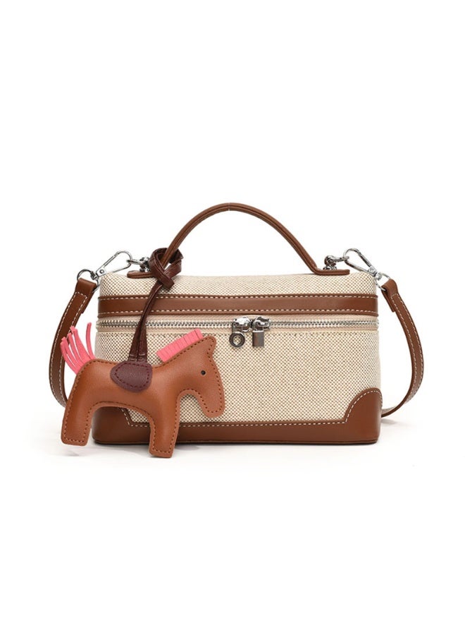 Canvas Top Handle Crossbody Bag with Horse Charm, Brown & Beige, 21.5x13x7 cm - Image 1