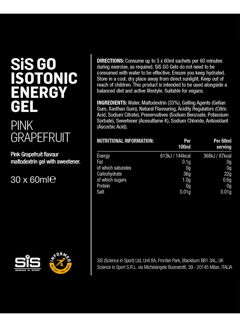 SIS GO Isotonic Energy Gels | 22g Carbohydrates | Low Sugar | Easily Digestible | Gluten Free | No Water Needed | Running Gels | Pink Grapefruit Flavour | 30 Pack - Image 5