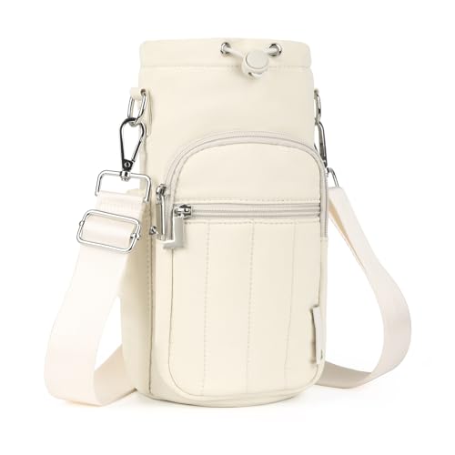 Rueesh Women Water Bottle Holder Bag with Adjustable Strap, Insulated Water Bottle Carrier RFID Crossbody Sling Bag for Hiking Walking Gym Travel,Beige - Image 1