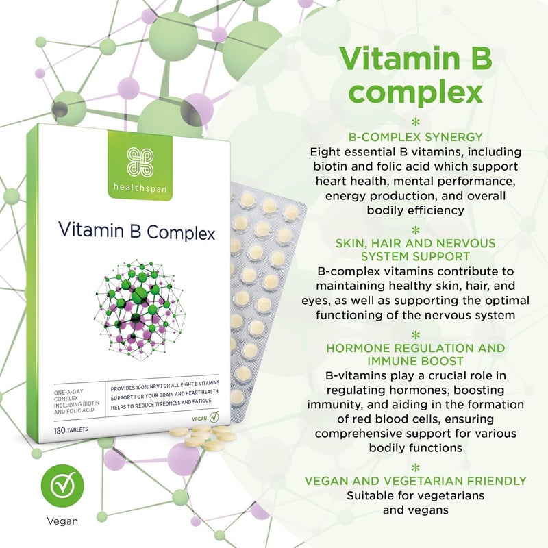Healthspan Vitamin B Complex 6 Months Supply High Levels of 8 BComplex Vitamins Heart Health Mental Performance Psychological Function Combat Tiredness Fatigue Gelatin Free Vegan - Image 2