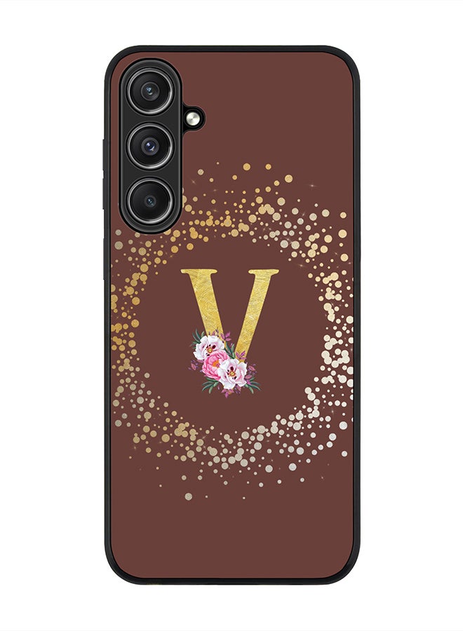 Stylizedd Rugged Black Edge case for Samsung Galaxy S23 FE, Slim fit Thin Phone Case Cover- Custom Monogram Initial Letter Floral Pattern Alphabet - V (Brown) - Image 1