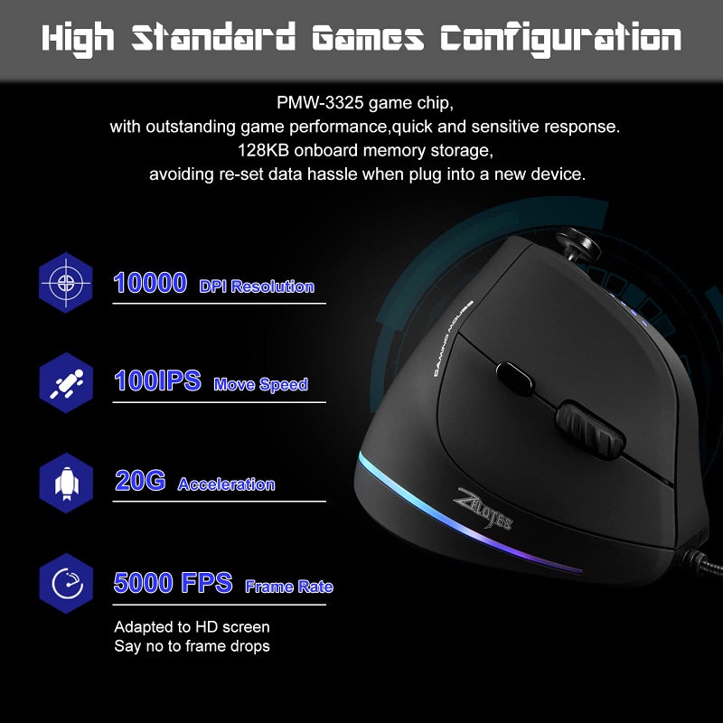 TRELC Gaming Mouse with 5 D Rocker, Ergonomic Mouse with 10000 DPI/11 Programmable Buttons, Vertical Gaming Mice Wired for PC/Laptop/E-Sports/Gamer (Black) - Image 4