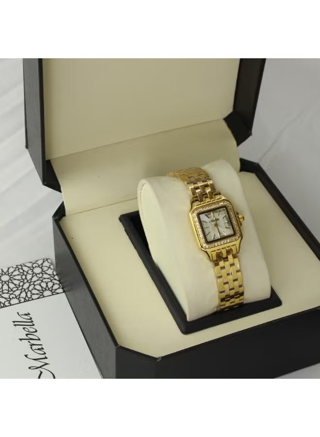 Women's stainless steel wristwatch adorned with zircon stones, water-resistant, modern, and high quality, gold bracelet with a pearl dial.