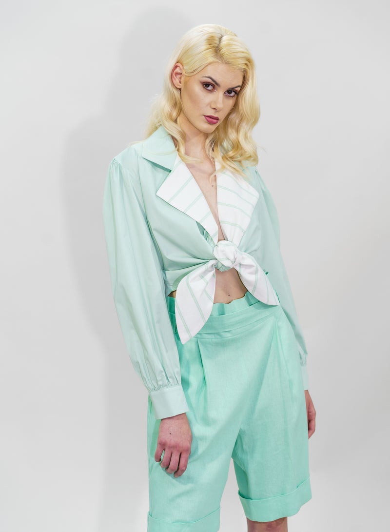 BITOLIA GALLERY Poplin Green Crop Shirt Ties at the Waist with Wide Collar  - Image 5