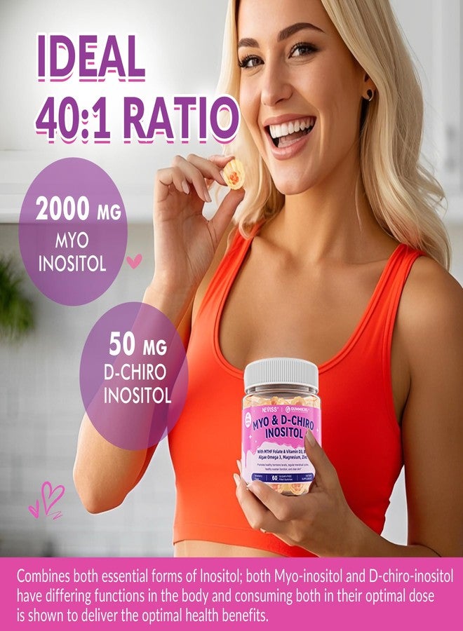 NEVISS Myo-Inositol & D-Chiro Inositol Gummies, 40:1 Ratio Inositol Gummies Supplement w/ Omega 3, MTHF Folate, Magnesium, Vitamin D3, B12 & Zinc for Female Health & Wellness, 0g Sugar, Vegan, NO GMO, 60 Cts - Image 4