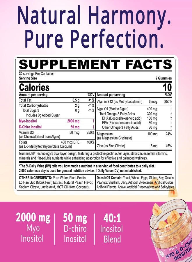 NEVISS Myo-Inositol & D-Chiro Inositol Gummies, 40:1 Ratio Inositol Gummies Supplement w/ Omega 3, MTHF Folate, Magnesium, Vitamin D3, B12 & Zinc for Female Health & Wellness, 0g Sugar, Vegan, NO GMO, 60 Cts - Image 2