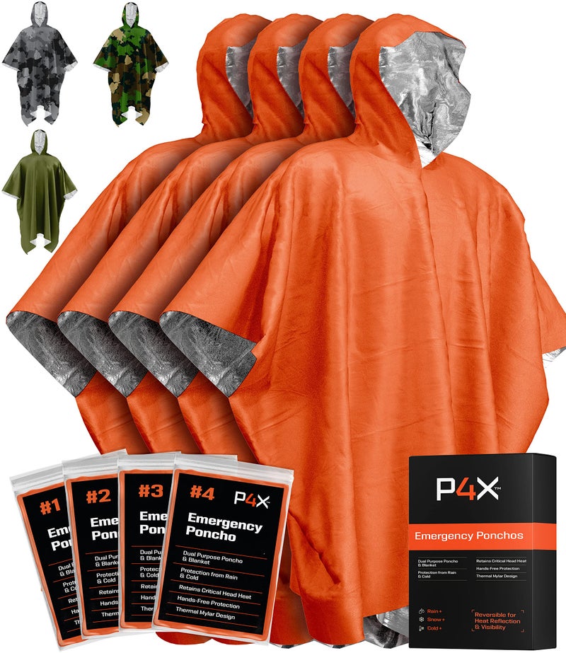 PREPARED4X Emergency Rain Poncho with Mylar Survival Blanket Liner for Car - Heavy Duty, Waterproof Camping Gear, Tactical Prepper Supplies– 4 Pack (Orange) - Image 1