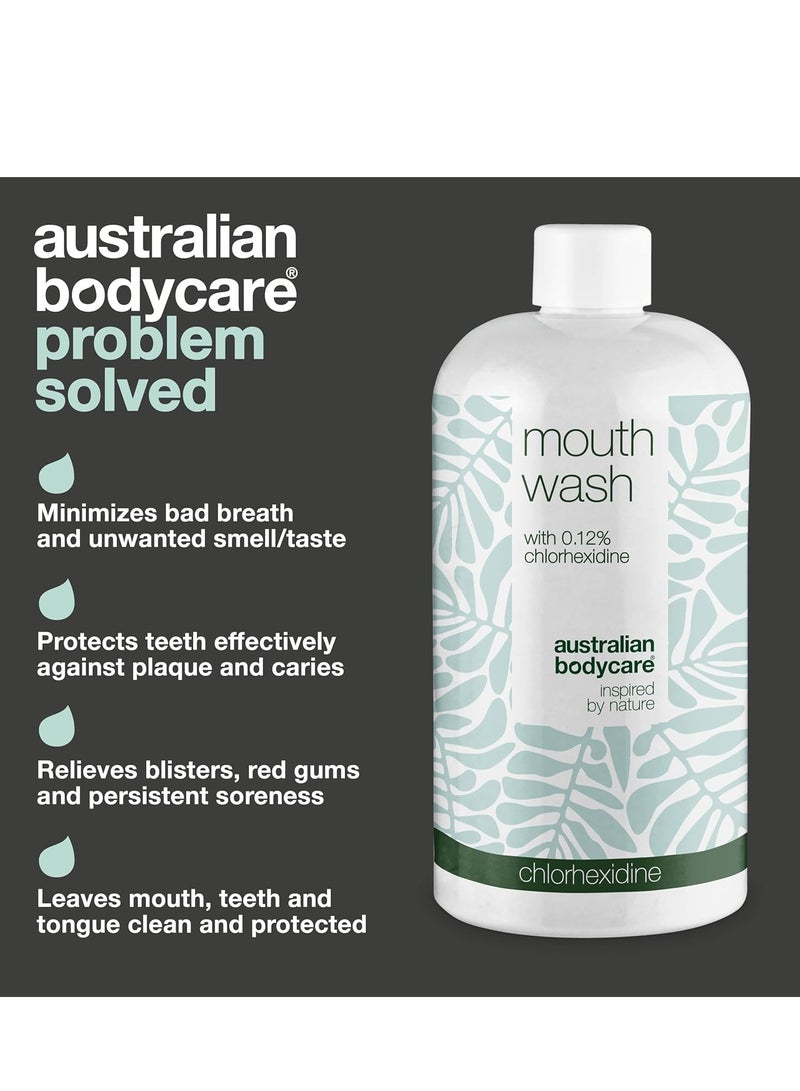 أستراليان بودي كير غسول للفم بالكلورهيكسيدين وزيت شجرة الشاي 500 مل يعتني ويخفف من التهاب اللثة ونزيفها من أجل صحة فموية صحية بدون رائحة فم كريهة نباتي 100 ومختبر من قبل أطباء الجلدية - Image 3
