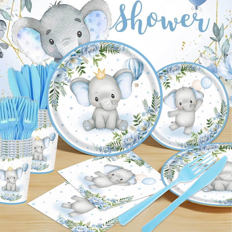 OUNIY Elephant Baby Boy Shower Party Supplies - 175pcs Blue Elephant Party Decorations Paper Plates Napkins Cups and Utensils Tableware Sets Blue Floral Theme Birthday Party Tableware Set - Image 3