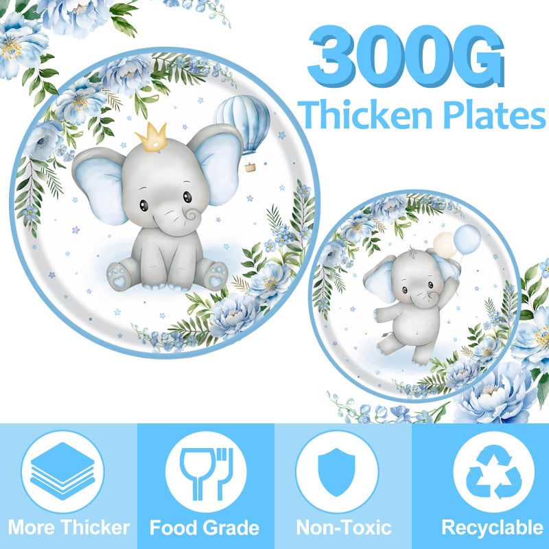 OUNIY Elephant Baby Boy Shower Party Supplies - 175pcs Blue Elephant Party Decorations Paper Plates Napkins Cups and Utensils Tableware Sets Blue Floral Theme Birthday Party Tableware Set - Image 4