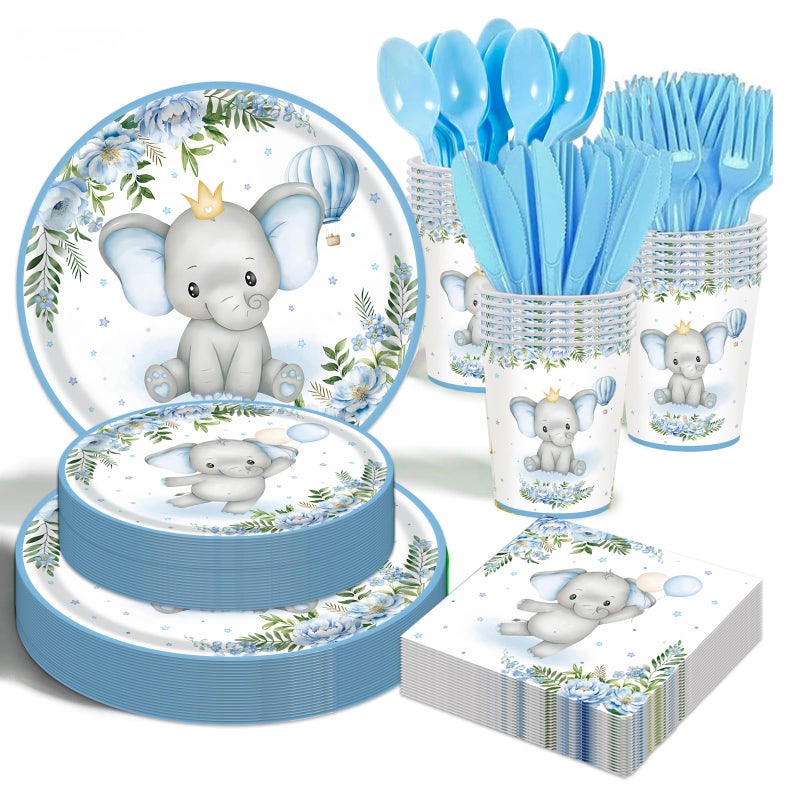 OUNIY Elephant Baby Boy Shower Party Supplies - 175pcs Blue Elephant Party Decorations Paper Plates Napkins Cups and Utensils Tableware Sets Blue Floral Theme Birthday Party Tableware Set - Image 1