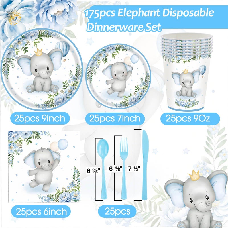 OUNIY Elephant Baby Boy Shower Party Supplies - 175pcs Blue Elephant Party Decorations Paper Plates Napkins Cups and Utensils Tableware Sets Blue Floral Theme Birthday Party Tableware Set - Image 2