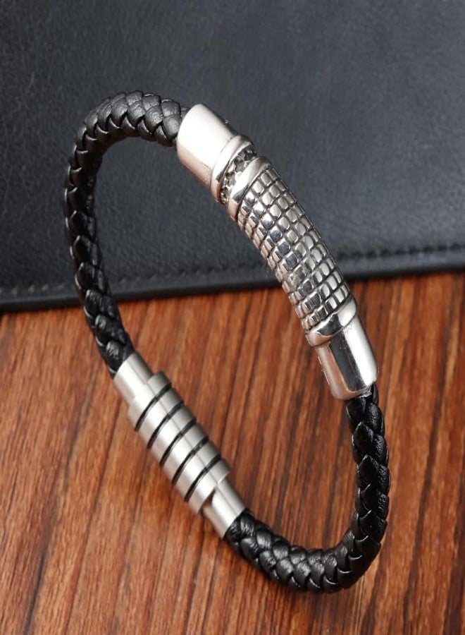 THE MEN THING MYSTIQUE BRAID BLACK - American Style Genuine Leather Bracelet with Stainless Steel Charm Magnetic Buckle for Men & Boy (8 inch) - Image 3
