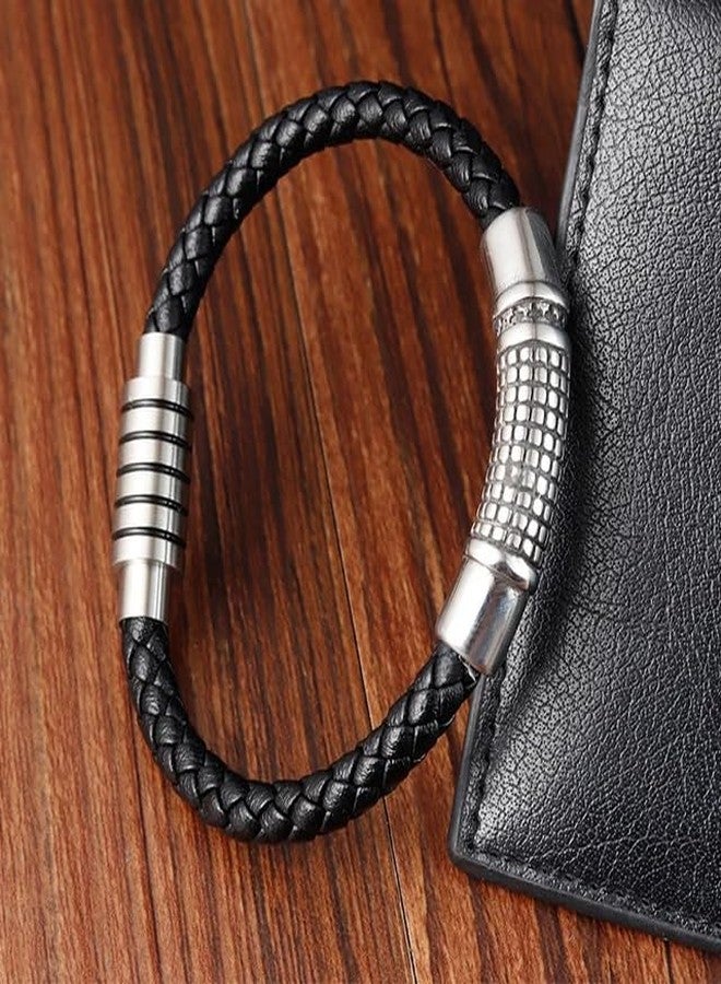 THE MEN THING MYSTIQUE BRAID BLACK - American Style Genuine Leather Bracelet with Stainless Steel Charm Magnetic Buckle for Men & Boy (8 inch) - Image 2