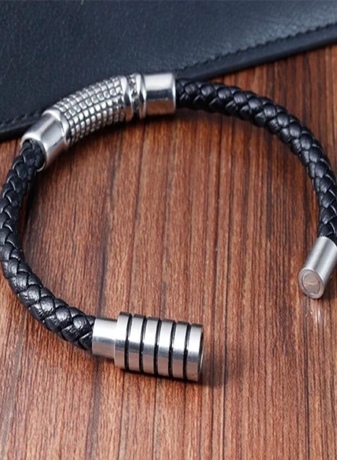 THE MEN THING MYSTIQUE BRAID BLACK - American Style Genuine Leather Bracelet with Stainless Steel Charm Magnetic Buckle for Men & Boy (8 inch) - Image 5