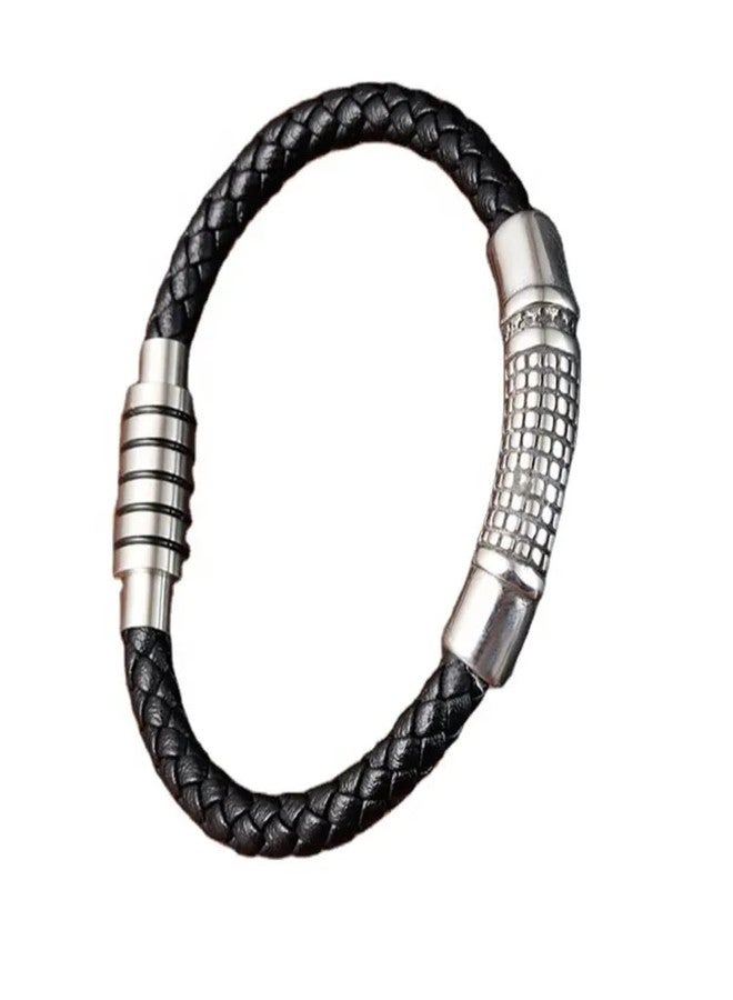 THE MEN THING MYSTIQUE BRAID BLACK - American Style Genuine Leather Bracelet with Stainless Steel Charm Magnetic Buckle for Men & Boy (8 inch) - Image 1