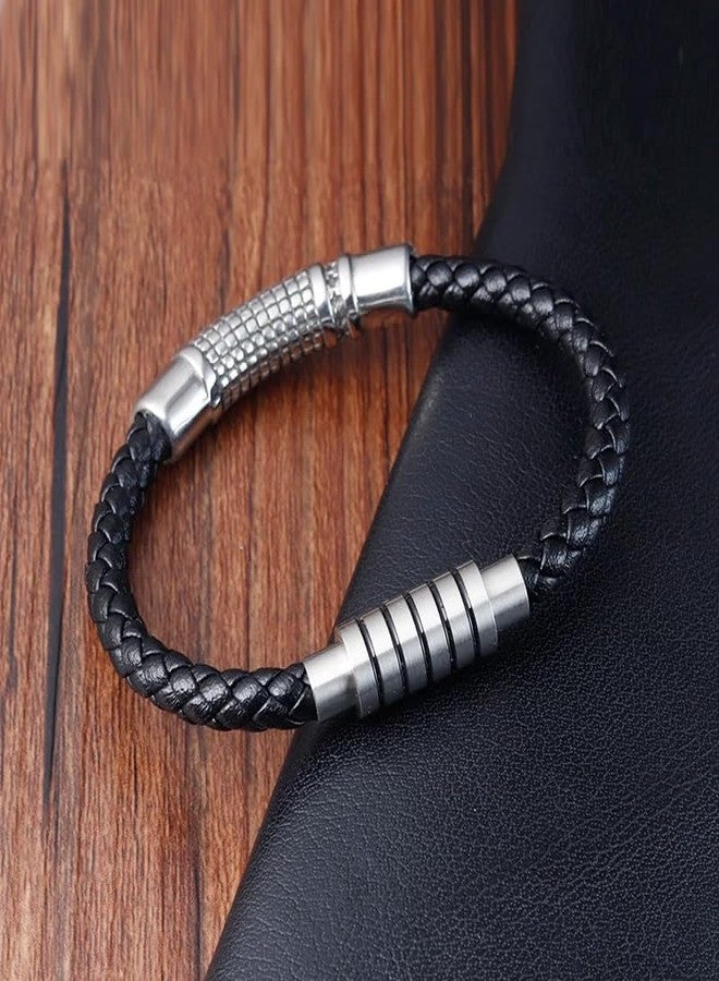THE MEN THING MYSTIQUE BRAID BLACK - American Style Genuine Leather Bracelet with Stainless Steel Charm Magnetic Buckle for Men & Boy (8 inch) - Image 4