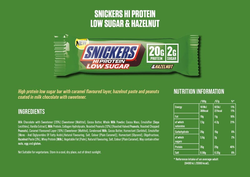 Snickers Low Sugar Hi hazelnut Protein Bar Pack of 12 x 57g - Image 2