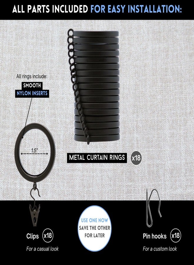 BlastHome® Luxury Curtain Rings - Premium Metal with Quiet, Smooth Nylon Inserts - Pinhooks and Clips Included - 1 1/2" Inside Diameter - 18 Rings for Two Standard Curtains - Brushed Dark Brown - Image 4