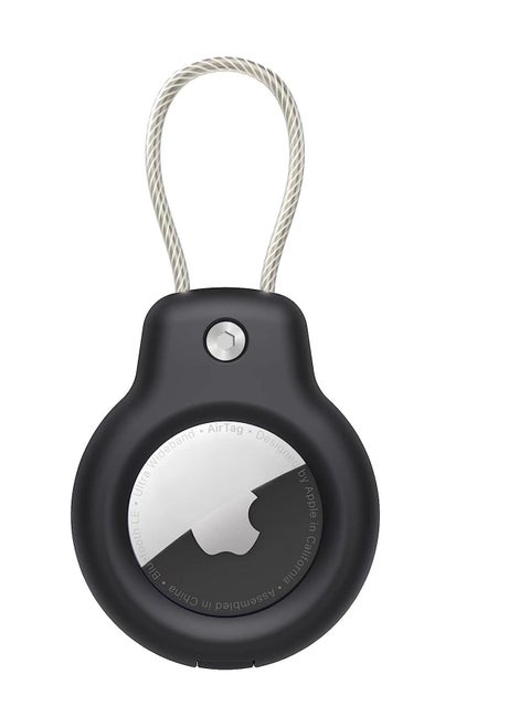جراب لهاتف Apple Airtag آمن مع كابل سلكي، جراب قفل بعلامة هوائية سلسلة مفاتيح وحلقة مفاتيح وعلامة الأمتعة للمفاتيح والأمتعة والمزيد من حلقات المفاتيح وسلاسل المفاتيح للرجال والنساء - أسود