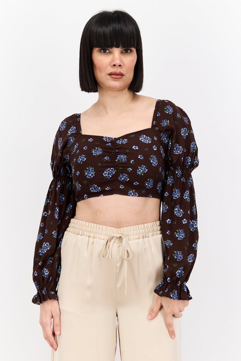 MONKI Women Square Neck Long Sleeves Floral Printed Top, Brown Combo - Image 1