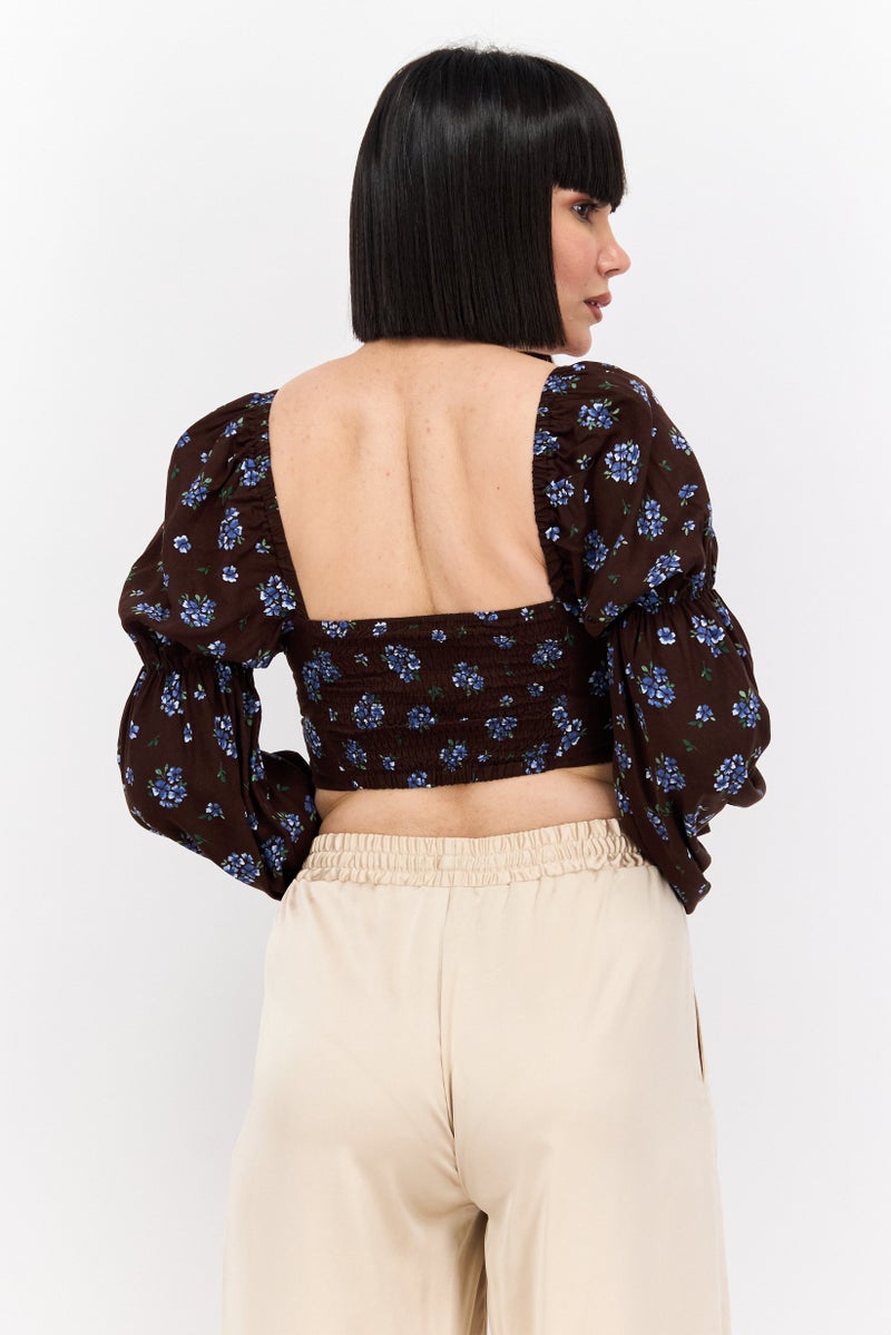 MONKI Women Square Neck Long Sleeves Floral Printed Top, Brown Combo - Image 3