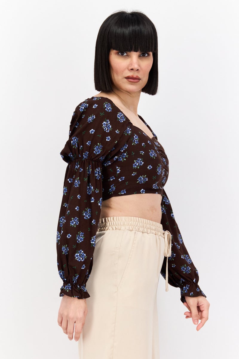 MONKI Women Square Neck Long Sleeves Floral Printed Top, Brown Combo - Image 2
