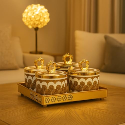 Nabhya Multipurpose Premium Design 4pc Plastic Snack & Dry Fruit Serving Set with Decorative Tray – 4 Elegant Lidded Jars for Nuts, Chocolates, and Sweets (Brown, Pack of 4) - Image 3